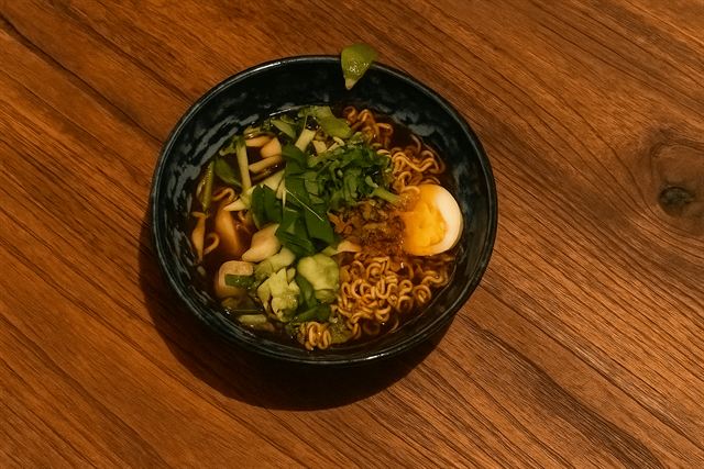 A bowl of ramen with egg and herbs by Angry Chef